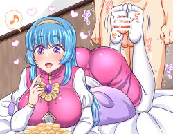 Rule 34 | 1boy, 1girl, :d, ass, bed, bed sheet, blue hair, blush, breasts, censored, clueless, coins, counting, counting money, dress, estpolis denki, feet, feet up, footjob, gem, gold, hairband, happy, heart, highres, huge ass, indoors, jewelry, large breasts, long hair, lufia, lying, merchant, money, necklace, on stomach, open mouth, pendant, penis, pillow, puffy sleeves, purple eyes, smile, soles, testicles, thighhighs, tia (estpolis denki), yakisobapan tarou &amp; negitoro-ko