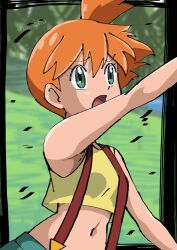 1girl armpits asymmetrical_hair bare_arms border breasts creatures_(company) crop_top denim denim_shorts eyelashes falling_leaves female_focus game_freak gen_1_pokemon green_eyes gym_leader hainchu hair_tie highres leaf looking_at_viewer midriff misty_(pokemon) navel nintendo open_mouth orange_hair outdoors pokemon pokemon_(anime) pokemon_(classic_anime) pokemon_rgby ponytail shirt short_hair shorts side_ponytail sleeveless sleeveless_shirt small_breasts solo suspenders tank_top upper_body yellow_shirt yellow_tank_top