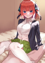 Rule 34 | 1boy, 1girl, amog, arm support, black cardigan, black ribbon, blue eyes, blunt bangs, blush, breasts, butterfly hair ornament, cardigan, censored, clothed female nude male, collared shirt, commentary request, cum, ejaculation, girl on top, go-toubun no hanayome, green skirt, hair ornament, hair ribbon, heart, heart censor, heavy breathing, hetero, indoors, kneepit sex, large breasts, long sleeves, looking at viewer, miniskirt, nakano nino, nude, on bed, paid reward available, parted lips, pink hair, pleated skirt, ribbon, school uniform, shirt, short hair, skirt, smile, solo, thighhighs, white shirt, white thighhighs, zettai ryouiki