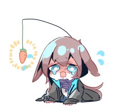 Rule 34 | 1girl, amiya (arknights), animal ears, arknights, bait, black jacket, blue eyes, brown hair, carrot, commentary request, crying, crying with eyes open, hair between eyes, jacket, long hair, long sleeves, open clothes, open jacket, rabbit ears, sena yuuta, shirt, sidelocks, simple background, solo, tears, white background