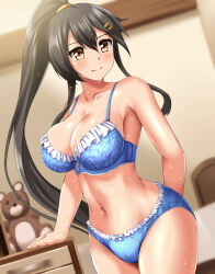 Rule 34 | 1girl, absurdres, bed, black hair, blue bra, blue panties, bra, breasts, brown eyes, cleavage, commission, covered navel, cowboy shot, drawer, dutch angle, frilled bra, frilled panties, frills, hair ornament, hairclip, haruna (kancolle), highres, kantai collection, large breasts, long hair, panties, pixiv commission, smile, solo, standing, stuffed animal, stuffed toy, teddy bear, underwear, underwear only, wet, zanntetu