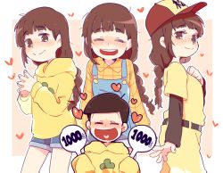 Rule 34 | 10s, 1boy, 3girls, ^ ^, arms at sides, bad id, bad pixiv id, baseball cap, belt, blunt bangs, blush, braid, brown eyes, brown hair, closed eyes, closed mouth, cosplay, eyebrows, freckles, full-face blush, hand on own chest, hat, heart, heart in mouth, hetero, holding, hood, hoodie, jyushimatsu, jyushimatsu&#039;s girlfriend, jyushimatsu (cosplay), layered sleeves, long hair, long sleeves, lya (16335575), matsuno jyushimatsu, matsuno jyushimatsu (cosplay), messy hair, multiple girls, multiple views, osomatsu-kun, osomatsu-san, osomatsu (series), overalls, own hands together, plaid, plaid shirt, shirt, short over long sleeves, short sleeves, shorts, single braid, sleeves past wrists, smile, sportswear, teeth