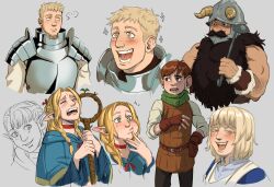 Rule 34 | 2girls, 3boys, :d, beard, blonde hair, brother and sister, brown hair, chilchuck tims, crying, dark-skinned male, dark skin, doodle inset, drooling, dungeon meshi, dwarf, eating, elf, facial hair, fake horns, falin touden, helmet, highres, horned helmet, horns, jubilationsart, laios touden, long beard, long hair, marcille donato, multiple boys, multiple girls, muscular, muscular male, open mouth, pointy ears, senshi (dungeon meshi), siblings, smile, sparse arm hair, thick arm hair, thick mustache, very long beard