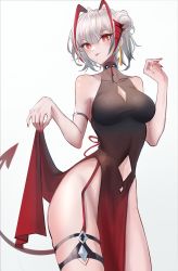 Rule 34 | 1girl, absurdres, ahoge, arknights, black choker, black dress, breasts, choker, cleavage cutout, clothes lift, clothing cutout, collarbone, commentary, cowboy shot, demon girl, demon horns, demon tail, dress, dress lift, gradient dress, grey hair, hair bun, hand up, highres, horns, large breasts, lifting own clothes, nail polish, navel, navel cutout, no panties, pelvic curtain, red dress, red eyes, red nails, shino duka, short hair, single hair bun, solo, standing, tail, thigh strap, tongue, tongue out, w (arknights)