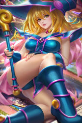 Rule 34 | 1girl, black gloves, blonde hair, blue dress, blue footwear, blue hat, blue sleeves, breasts, card, dark magician girl, detached sleeves, dress, duel monster, fingerless gloves, gloves, gold collar, green eyes, hair between eyes, hand on own leg, hat, highres, holding, holding staff, large breasts, long hair, neoartcore, paid reward available, patreon username, pentacle, solo, staff, thighs, wizard hat, yu-gi-oh!, yu-gi-oh! master duel