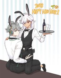 Rule 34 | 2023, 2boys, alcohol, alhaitham (genshin impact), animal ears, antenna hair, belt, belt buckle, black belt, black bow, black bowtie, black footwear, black gloves, black pants, black vest, bottle, bow, bowtie, buckle, buttons, cable, chinese zodiac, closed mouth, collared shirt, commentary request, corked bottle, cup, cyno (genshin impact), dark-skinned male, dark skin, dress shirt, drinking glass, expressionless, eyes visible through hair, frown, genshin impact, gloves, green eyes, green hair, grey background, grey hair, hair over one eye, hand on another&#039;s shoulder, hand up, happy new year, headphones, highres, holding, holding tray, kneeling, long hair, long sleeves, male focus, multicolored hair, multiple boys, new year, one eye covered, pants, parted bangs, partially fingerless gloves, rabbit boy, rabbit ears, rabbit tail, red eyes, resso (resso oo), serious, shirt, shoes, short hair, simple background, sitting, straddling, striped background, swept bangs, tail, traditional bowtie, tray, upright straddle, vest, waistcoat, white background, white hair, white shirt, wine, wine bottle, wine glass, year of the rabbit