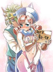 Rule 34 | 1boy, 1girl, alena (dq4), blue eyes, blush, grabbing another&#039;s breast, breasts, cape, cleavage, curly hair, dragon quest, dragon quest iv, earrings, fingering, fingering from behind, gloves, grabbing, grabbing from behind, green hair, groping, hat, hero (dq4), hetero, holding, holding sign, jewelry, leotard, long hair, medium breasts, mimonel, pink leotard (dq), reach-around, red hair, sign, square enix, sweat, translation request
