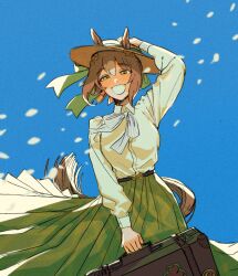 Rule 34 | 1girl, animal ears, arm up, blue background, bow, brown hair, brown headwear, collared shirt, commentary request, dress shirt, ears through headwear, fine motion (umamusume), green bow, green skirt, hair between eyes, half-closed eyes, hand on headwear, highres, holding, horse ears, horse girl, horse tail, long sleeves, looking at viewer, multicolored hair, petals, pleated skirt, puffy long sleeves, puffy sleeves, shirokoshou, shirt, simple background, skirt, smile, solo, striped, striped bow, suitcase, tail, two-tone hair, umamusume, white bow, white hair, white shirt, yellow eyes
