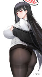 Rule 34 | 1girl, absurdres, ass, black hair, black jacket, blue archive, blush, breasts, brown pantyhose, hair ornament, hairclip, halo, highres, huge breasts, jacket, large breasts, long hair, long sleeves, looking at viewer, looking back, off shoulder, pantyhose, red eyes, ribbed sweater, rio (blue archive), solo, sweater, thighband pantyhose, thighs, turtleneck, turtleneck sweater, user vdkm2347, very long hair, white sweater