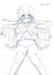 Rule 34 | 1girl, anchor hair ornament, azur lane, bed sheet, blue theme, blush, bow, braid, breasts, character name, detached sleeves, edinburgh (azur lane), flying sweatdrops, glasses, gloves, greyscale, hair bow, hair ornament, highres, hisasi, kneehighs, long hair, lying, medium breasts, monochrome, nose blush, on back, open mouth, paid reward available, panties, round eyewear, sailor collar, socks, solo, sweat, twin braids, underwear