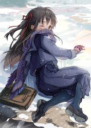 Rule 34 | 1girl, bag, black eyes, black footwear, black hair, blue legwear, blue scarf, blue shirt, blue skirt, blush, briefcase, commentary request, day, fallen down, gloves, hair ribbon, highres, ice, long hair, long sleeves, looking at viewer, looking back, one eye closed, one side up, original, outdoors, purple gloves, red ribbon, ribbon, saya (mychristian2), scarf, school bag, school briefcase, school uniform, serafuku, shirt, shoes, skirt, snowing, solo, winter