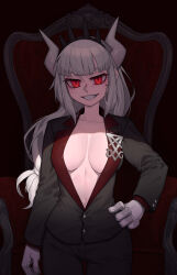 Rule 34 | 1girl, absurdres, blunt bangs, breasts, chair, commentary, crown, english commentary, glaring, gloves, grin, hand on own hip, hellk111, helltaker, highres, horns, long hair, looking at viewer, lucifer (helltaker), mole, mole under eye, red eyes, smile, solo, white gloves, white hair