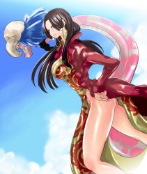 Rule 34 | 1girl, amazon warrior, black hair, blue eyes, boa hancock, chigusa suzume, day, earrings, hand on own hip, hip focus, impel down, jewelry, legs, long hair, long legs, no panties, one piece, salome (one piece), skull, sky, snake, thighs