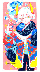 Rule 34 | 1girl, :/, androgynous, blue eyes, blue jacket, blue nails, blue pants, blue scarf, border, colored smoke, cowboy shot, demon girl, denim, earbuds, earphones, eyes visible through hair, hand in pocket, horns, jacket, jeans, looking at viewer, marker (medium), maruti bitamin, medium hair, multicolored clothes, multicolored jacket, music, original, outline, pale skin, pants, pink background, print jacket, print scarf, red jacket, red outline, removing earbuds, scarf, shirt, smoke, solo, sparkle, traditional media, triadic colors, white border, white hair, white shirt, white trim, yellow eyes, yellow horns, yellow jacket