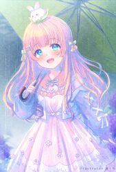 Rule 34 | 1girl, :d, blonde hair, blue eyes, blue flower, blue jacket, blush, bow, brown dress, collared dress, commission, copyright request, cropped jacket, dress, flower, frilled shirt collar, frills, green bow, green umbrella, hair bow, holding, holding umbrella, hydrangea, ittokyu, jacket, long hair, long sleeves, looking at viewer, off shoulder, on head, open mouth, puffy long sleeves, puffy sleeves, purple flower, see-through, skeb commission, sleeves past wrists, smile, solo, umbrella, very long hair, virtual youtuber, white bow