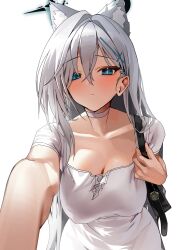 Rule 34 | 1girl, absurdres, animal ears, bad id, bad pixiv id, bag, blue archive, blue eyes, blush, breasts, choker, cleavage, collarbone, covered erect nipples, dress, handbag, highres, large breasts, long hair, looking at viewer, mismatched pupils, no bra, outstretched arm, shiroko (blue archive), shiroko terror (blue archive), solo, white background, white dress, wolf ears, yerim