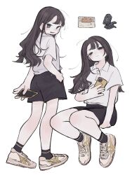 Rule 34 | 1girl, absurdres, black eyes, black hair, black shorts, black socks, cellphone, collared shirt, commentary, full body, guitar tuner, hand in pocket, highres, holding, holding phone, long hair, looking at viewer, looking back, multiple views, original, phone, shirt, shirt tucked in, shoes, short sleeves, shorts, simple background, sitting, smartphone, sneakers, socks, standing, symbol-only commentary, white background, white shirt, yunoki itsugu