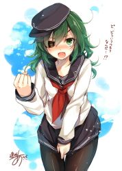 Rule 34 | 1girl, akatsuki (kancolle), akatsuki (kancolle) (cosplay), blush, clenched hand, cloud, cosplay, covering privates, covering crotch, eyepatch, fang, green eyes, green hair, hat, kantai collection, kiso (kancolle), long hair, looking at viewer, neckerchief, pantyhose, pleated skirt, red neckerchief, short hair, signature, skirt, sky, solo, toosaka asagi, translated
