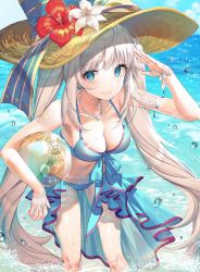 Rule 34 | 1girl, :d, absurdres, ball, bare shoulders, beachball, bikini, blue bikini, blue eyes, blue sky, blush, breasts, cleavage, cloud, day, fate/grand order, fate (series), flower, glint, hair between eyes, hand up, hat, hat flower, hibiscus, highres, holding, holding ball, kinty, long hair, looking at viewer, marie antoinette (fate), marie antoinette (swimsuit caster) (third ascension) (fate), medium breasts, open mouth, outdoors, sarong, sidelocks, silver hair, sky, smile, solo, sun hat, swimsuit, twintails, very long hair, wading, wet