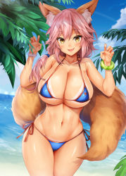 Rule 34 | 10s, 1girl, animal ear fluff, animal ears, bare shoulders, beach, bikini, blue bikini, blue sky, blush, bracelet, breasts, claw pose, cleavage, collarbone, day, fang, fate/extra, fate/grand order, fate (series), fox ears, fox tail, hair between eyes, hip focus, jewelry, large breasts, long hair, looking at viewer, navel, ocean, oni-noboru, open mouth, outdoors, palm tree, paw pose, pink hair, shiny skin, side-tie bikini bottom, sky, smile, solo, standing, swimsuit, tail, tamamo (fate), tamamo no mae (fate/extra), tamamo no mae (swimsuit lancer) (fate), tan, tanline, thighs, tree, wide hips, yellow eyes