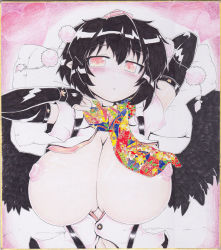 Rule 34 | 1girl, arm up, black hair, blush, breasts, elbow gloves, gloves, hat, huge breasts, looking at viewer, nipples, no bra, okiraku nikku, open clothes, open shirt, red eyes, scared, shameimaru aya, shikishi, shirt, solo, tokin hat, touhou, traditional media, upper body, wings
