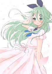 Rule 34 | 1girl, adapted costume, black ribbon, blue neckerchief, dress, green eyes, green hair, hair between eyes, hair ornament, hair ribbon, hairclip, ittokyu, kantai collection, long hair, neckerchief, parted bangs, ponytail, ribbon, sailor dress, sidelocks, simple background, smile, solo, split mouth, standing, white background, white dress, yamakaze (kancolle)