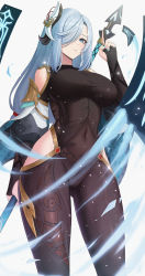 Rule 34 | 1girl, absurdres, black gloves, blue eyes, blush, bodysuit, braid, breasts, clothing cutout, covered navel, elbow gloves, genshin impact, gloves, hair ornament, hair over one eye, highres, hip vent, large breasts, long hair, long sleeves, looking at viewer, low-braided long hair, low-tied long hair, nail polish, partially fingerless gloves, polearm, puffy long sleeves, puffy sleeves, shenhe (genshin impact), shoulder cutout, silver hair, solo, sp123, spear, thighs, very long hair, weapon
