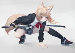 Rule 34 | 1girl, animal ears, arm support, black footwear, black jacket, black socks, brown hair, commentary request, dorsiflexion, facial mark, fang, fox ears, fox tail, grey skirt, holding, holding sword, holding weapon, jacket, katana, kneehighs, leaning forward, long hair, original, outstretched arm, outstretched leg, plaid, plaid skirt, red eyes, reverse grip, school uniform, sheath, shirt, shoes, side ponytail, skirt, sneakers, socks, solo, spread legs, squatting, sword, tail, unsheathing, waichi, weapon, white shirt