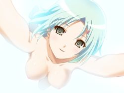 Rule 34 | 1girl, arai ruka, arms up, ars magna, blush, breasts, game cg, grey eyes, koutaro, nipples, nude, outstretched arms, short hair, silver hair, simple background, smile, solo, spread arms