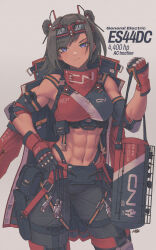 Rule 34 | 1girl, abs, artist name, blue eyes, brown hair, cable, elbow pads, english text, eyes visible through hair, gloves, goggles, goggles on head, grey background, hair ornament, highres, humanization, jacket, jacket on shoulders, muscular, muscular female, original, solo, train, zhvo