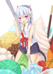 Rule 34 | 1girl, :d, aroma0501, bare arms, bare shoulders, blue skirt, blush, bow, breasts, cherry, collared shirt, cream, dragon girl, dragon horns, dragon tail, fang, fingernails, food, fruit, hair between eyes, highres, holding, holding spoon, horns, ice, ice cream, ice cube, in food, kiwi (fruit), kiwi slice, kneeling, long hair, mini person, minigirl, open mouth, original, pink eyes, pleated skirt, pocky, pointy ears, red bow, shirt, silver hair, simple background, skirt, sleeveless, sleeveless shirt, small breasts, smile, solo, spoon, strawberry, tail, v-shaped eyebrows, very long hair, white background, white shirt