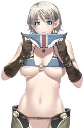 Rule 34 | 1girl, alternate costume, armlet, bikini, blonde hair, blue eyes, bottomless, breasts, capcom, chaps, cleavage, demento, earrings, elbow gloves, fiona belli, gloves, holding, holding clothes, holding panties, holding underwear, jewelry, kansuke, large breasts, micro bikini, navel, necklace, o-ring, o-ring top, panties, short hair, simple background, solo, swimsuit, underboob, underwear