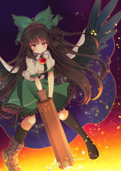 Rule 34 | 1girl, blue background, blue sky, blush, bow, breasts, brown background, brown hair, buttons, cannon, cloak, closed mouth, collared shirt, flying, frills, gradient background, green bow, green skirt, grey socks, hair between eyes, hand cannon, highres, iris anemone, kneehighs, long hair, looking at viewer, medium breasts, multicolored background, night, night sky, no shoes, orange background, puffy short sleeves, puffy sleeves, purple background, red background, red eyes, reiuji utsuho, rock, shirt, short sleeves, skirt, sky, sky print, smile, socks, solo, space, space print, star (sky), star (symbol), star print, starry sky, starry sky print, third eye, touhou, white cloak, white shirt, wings, yellow background