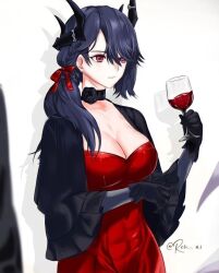 Rule 34 | 1girl, alcohol, black jacket, blue hair, caera denoir, closed mouth, collar, cup, dress, drinking glass, jacket, long hair, red dress, red eyes, the beginning after the end, very long hair, wine, wine glass