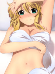 Rule 34 | 1girl, arm up, armpit peek, bed, bed sheet, blonde hair, blush, breasts, cleavage, closed mouth, commentary, green eyes, hair between eyes, looking at viewer, lying, medium breasts, midriff, mizuhashi parsee, naked sheet, navel, on back, on bed, pillow, shadow, short hair, solo, stomach, touhou, upper body, yadokari genpachirou