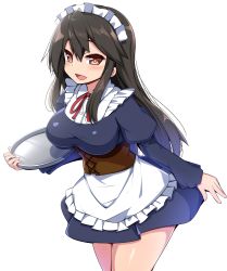 Rule 34 | 1girl, absurdres, alternate costume, blush, breasts, brown hair, corset, dress, enmaided, haruna (kancolle), highres, kantai collection, kurokoshou (emuburemu123), large breasts, looking at viewer, maid, maid headdress, open mouth, red eyes, sidelocks, smile, solo, tray
