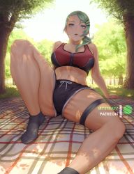 Rule 34 | 1girl, blue eyes, breasts, dappled sunlight, day, green hair, hair over shoulder, large breasts, long hair, looking at viewer, midriff, mystra77, navel, original, outdoors, patreon username, ponytail, shorts, sitting, socks, solo, sports bra, sunlight, tree, two-tone sports bra, watermark