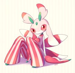 Rule 34 | artist name, between legs, blueberry (5959), bug, creatures (company), full body, game freak, gen 7 pokemon, looking at viewer, lurantis, nintendo, no humans, orchid mantis, pink eyes, pinstripe pattern, pokemon, pokemon (creature), pokemon sm, praying mantis, shadow, sitting, solo, striped, striped background