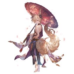 Rule 34 | 1boy, animal ears, anklet, bare shoulders, barefoot, belt, blonde hair, cherry blossoms, collar, erune, flower, fox ears, fox tail, from behind, gloves, granblue fantasy, hair flower, hair ornament, hand on own hip, jewelry, kou (granblue fantasy), long hair, looking at viewer, male focus, minaba hideo, off shoulder, official art, simple background, smile, solo, tail, transparent background, white background, yellow eyes