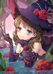 Rule 34 | bad id, bad pixiv id, blue eyes, blush stickers, brown hair, bug, butterfly, earrings, elbow gloves, flower, gloves, hair between eyes, hat, heart, idolmaster, idolmaster cinderella girls, insect, jewelry, lerome, lying, on stomach, ribbon, rose, sakuma mayu, short hair, smile, solo, stick, water, witch hat