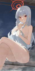 Rule 34 | 1girl, absurdres, aozora 1051, blue archive, blurry, blurry background, blush, braid, breasts, covering privates, crossed legs, film grain, grey hair, halo, haruna (blue archive), highres, large breasts, night, night sky, nude cover, onsen, red eyes, single braid, sitting, sky, smile, soaking feet, solo, steam
