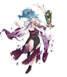 Rule 34 | 1girl, ankle boots, black footwear, blue hair, blush, boots, bow, female focus, fire emblem, fire emblem heroes, fur trim, gold trim, gradient clothes, hair ornament, hakama, hakama skirt, highres, ichibi, japanese clothes, kimono, leg up, long hair, looking away, nintendo, obi, official alternate costume, official art, one eye closed, open mouth, ponytail, reginn (fire emblem), sash, skirt, solo, tears, torn clothes, torn sleeves, transparent background, wide sleeves, wince, yellow eyes