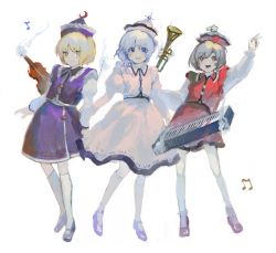 Rule 34 | 3girls, :d, arm above head, blonde hair, blue eyes, blue hair, breasts, brown eyes, brown hair, closed mouth, commentary request, dress, floating instrument, full body, hat, highres, instrument, juliet sleeves, keyboard (instrument), kneehighs, kusariuta, light blue hair, long sleeves, looking at viewer, lunasa prismriver, lyrica prismriver, mary janes, merlin prismriver, multiple girls, musical note, open mouth, pink headwear, puffy sleeves, purple dress, purple headwear, red dress, red headwear, shoes, short hair, siblings, simple background, sisters, small breasts, smile, socks, standing, touhou, trumpet, v, violin, white background, white dress, white legwear, yellow eyes