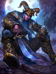 Rule 34 | 1boy, armor, armored boots, blue eyes, bone, boots, brolo, colored skin, dagger, facial mark, gloves, helmet, highres, horns, knife, loki (smite), male focus, moon, night, official art, pink skin, rock, sitting, skull, smite, snowing, solo, tattoo, teeth, weapon