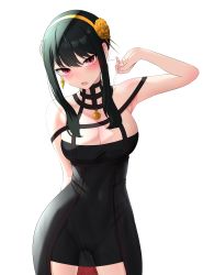 Rule 34 | 1girl, absurdres, arm behind back, arm up, bare shoulders, black dress, black hair, blush, breasts, cleavage, commentary, cowboy shot, dress, earrings, flower, gold earrings, gold hairband, gweda, hair flower, hair ornament, hairband, highres, jewelry, large breasts, long hair, open mouth, red eyes, revision, rose, sidelocks, simple background, sleeveless, sleeveless dress, solo, spy x family, sweat, two-sided dress, two-sided fabric, yor briar