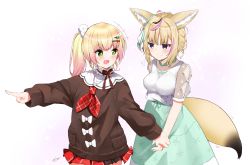 Rule 34 | +++, + +, 2girls, :d, puff of air, absurdres, animal ear fluff, animal ears, blonde hair, blush, breasts, brown sweater, closed mouth, commentary request, dress, fang, fox ears, fox girl, fox tail, gradient hair, green dress, green eyes, hair ornament, hair ribbon, heart, heart-shaped pupils, highres, holding hands, hololive, long hair, long sleeves, medium breasts, mocacoco339, momosuzu nene, momosuzu nene (casual), multicolored hair, multiple girls, neckerchief, omaru polka, omaru polka (street casual), open mouth, pink hair, ponytail, purple eyes, red neckerchief, red skirt, ribbon, shirt, short hair, short sleeves, simple background, skin fang, skirt, smile, streaked hair, sweater, symbol-shaped pupils, tail, virtual youtuber, white shirt
