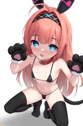 Rule 34 | 1girl, absurdres, ahoge, animal collar, animal ears, bare arms, bare shoulders, bikini, black bikini, black footwear, black gloves, black thighhighs, blue eyes, blush, breasts, breath, bright pupils, cat tail, claw pose, collar, collarbone, fang, from above, gloves, hair intakes, hairband, hands up, heart, heart-shaped pupils, highres, jia wenyuan, lishenna omen of destruction, long hair, looking at viewer, looking up, micro bikini, navel, nose blush, open mouth, paw gloves, paw shoes, red collar, red hair, shadow, shadowverse, simple background, skin fang, small breasts, smile, solo, squatting, straight hair, string bikini, swimsuit, symbol-shaped pupils, tail, thighhighs, white background, white pupils