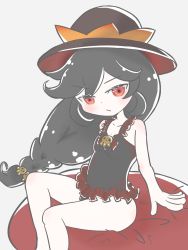 Rule 34 | 1girl, alternate hairstyle, artist request, ashley (warioware), bare shoulders, black hair, black one-piece swimsuit, blush, braid, closed mouth, dot nose, eyebrows, feet out of frame, female focus, frilled swimsuit, frills, grey background, hair ornament, hat, highres, long hair, looking at viewer, nintendo, one-piece swimsuit, red eyes, sidelocks, simple background, single braid, sitting, skull, skull hair ornament, sleeveless, solo, sun hat, swimsuit, v-shaped eyebrows, warioware