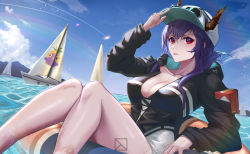 Rule 34 | 1girl, absurdres, arknights, baseball cap, black one-piece swimsuit, blue hair, blue sky, boat, breasts, ch&#039;en (arknights), ch&#039;en the holungday (arknights), cleavage, cloud, collarbone, eyewear on headwear, hat, highres, horns, horns through headwear, innertube, knees up, large breasts, long hair, njnywy, official alternate costume, one-piece swimsuit, outdoors, rainbow, red eyes, sailboat, sitting, sky, solo, swim ring, swimsuit, water, watercraft, white hat