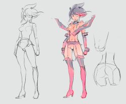 Rule 34 | 10s, 1girl, adapted costume, ass, bare shoulders, boots, breasts, c-string, clitoris, commentary, detached collar, doxy, elbow gloves, garter belt, gloves, kill la kill, matoi ryuuko, navel, partially visible vulva, pussy, revealing clothes, senketsu, sketch, small breasts, solo, strapless bottom, suspenders, thigh boots, thighhighs, uncensored